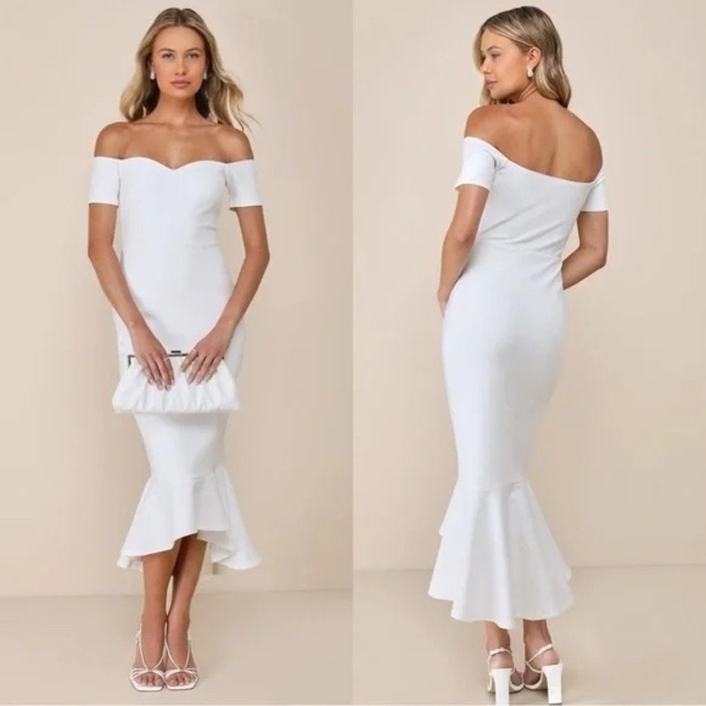Lulu's White Off-the-Shoulder Midi Mermaid Dress